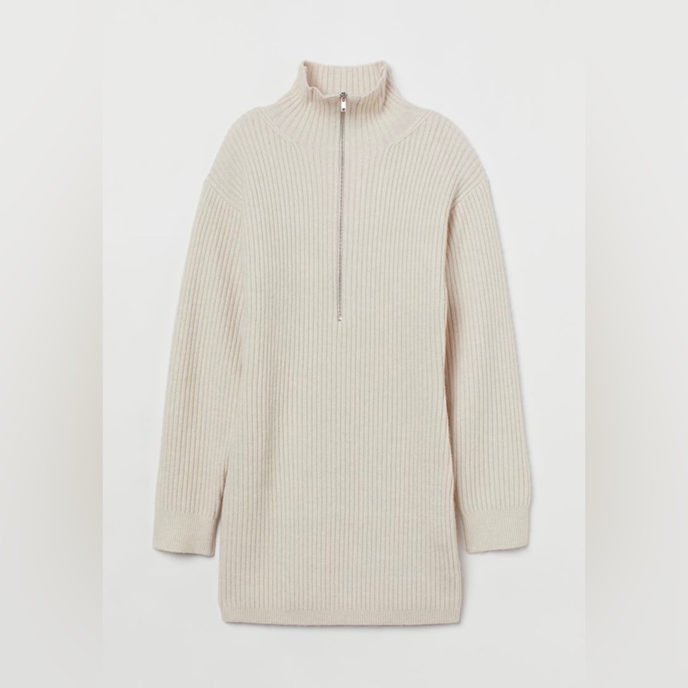 H&M Light Beige Melange Sweater Rib-knit Dress High Collar with Half Zip